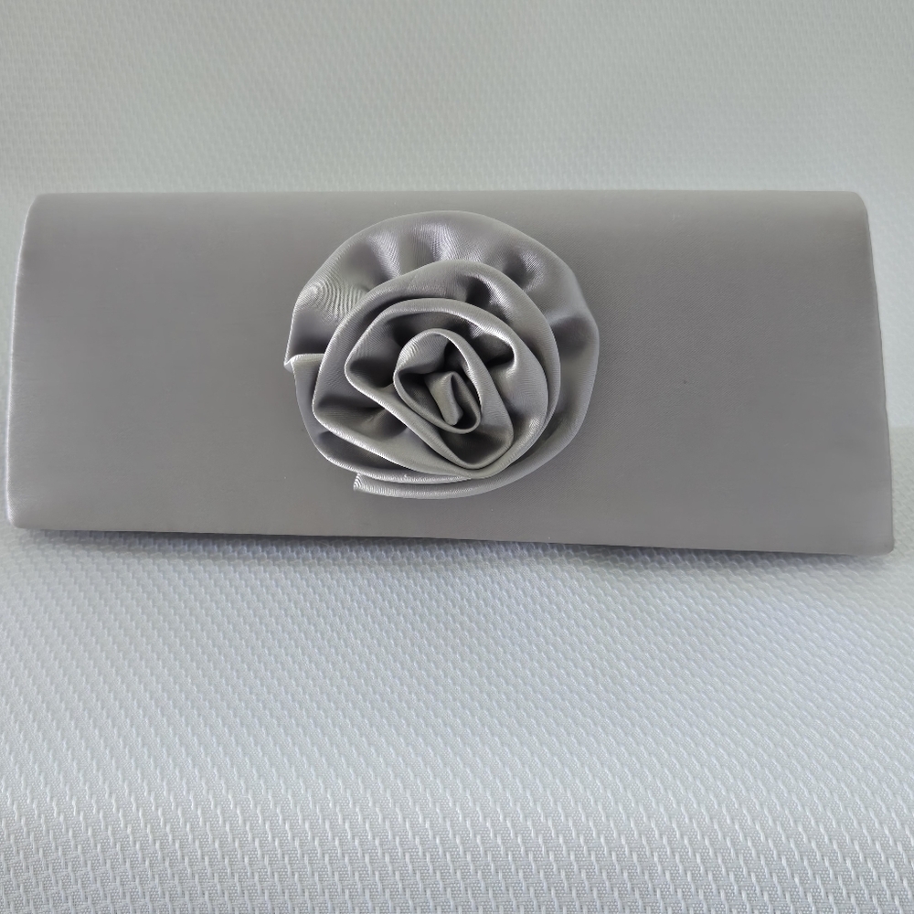Silver-Colored Satin Evening Purse Clutch Shoulder Bag with Rosette